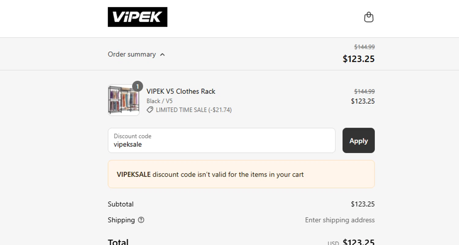 VIPEK coupon code screenshot showing code vipeksale applied at VIPEK checkout page. Uploaded by SimplyCodes community member ashe1986 on Aug 5, 2025