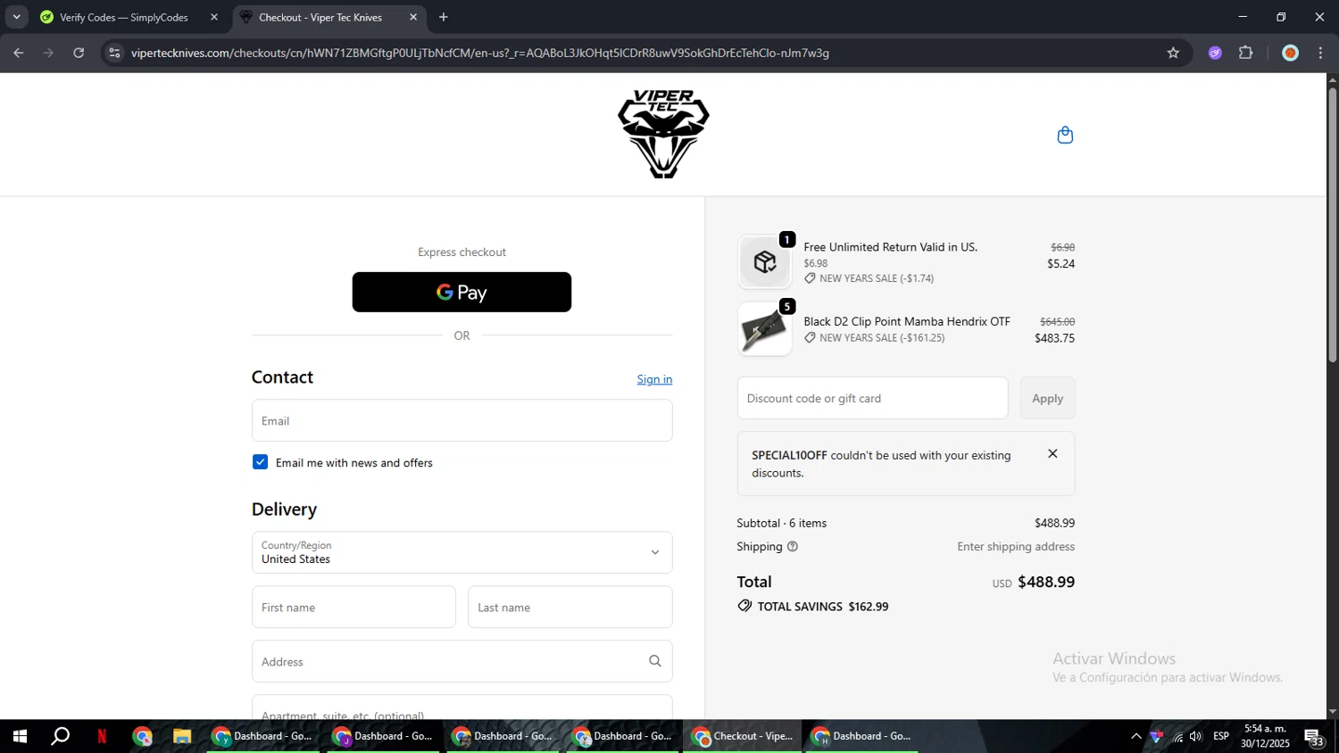 Viper Tec promo code screenshot showing code SPECIAL10OFF applied at Viper Tec checkout page. Uploaded by SimplyCodes community member BonusCaptain9927 on Dec 30, 2025