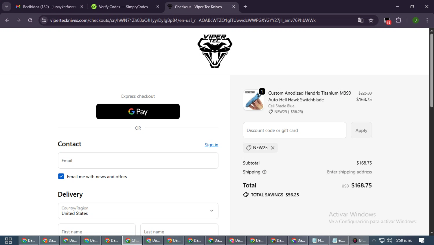 Viper Tec promo code screenshot showing code NEW25 applied at Viper Tec checkout page. Uploaded by SimplyCodes community member SmartLion6646 on Dec 30, 2025