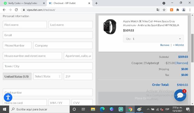 VIP Outlet checkout page showing VIP Outlet discount code box | Screenshot taken by SimplyCodes community member on May 13, 2021