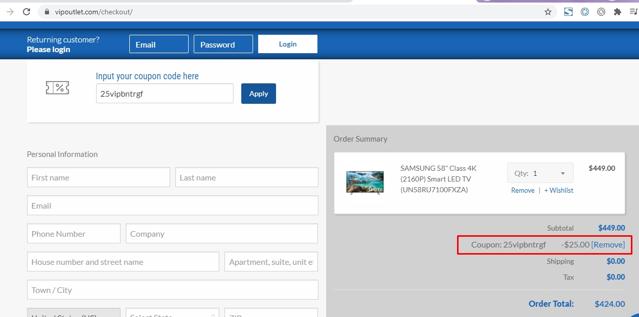 VIP Outlet checkout page showing VIP Outlet discount code box | Screenshot taken by SimplyCodes community member on Apr 14, 2021
