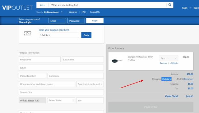 VIP Outlet checkout page showing VIP Outlet discount code box | Screenshot taken by SimplyCodes community member on May 1, 2021