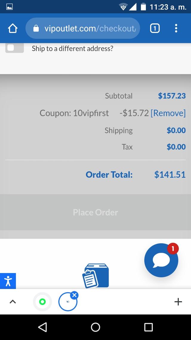 VIP Outlet checkout page showing VIP Outlet discount code box | Screenshot taken by SimplyCodes community member on Mar 27, 2021