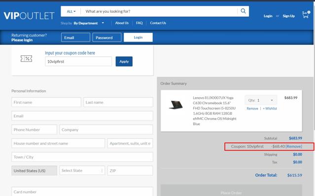 VIP Outlet checkout page showing VIP Outlet discount code box | Screenshot taken by SimplyCodes community member on May 30, 2021