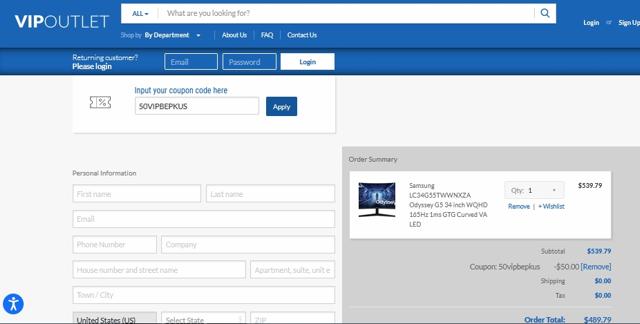 VIP Outlet checkout page showing VIP Outlet discount code box | Screenshot taken by SimplyCodes community member on Aug 17, 2021