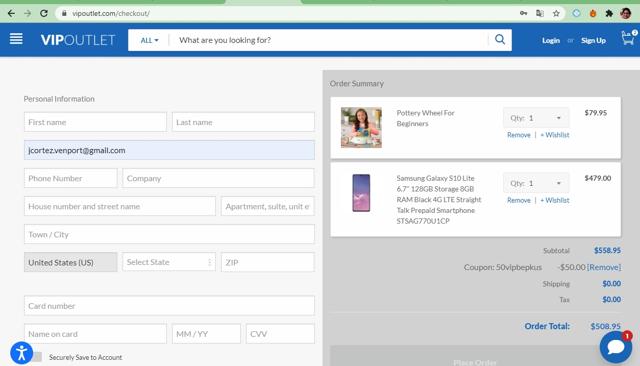 VIP Outlet checkout page showing VIP Outlet discount code box | Screenshot taken by SimplyCodes community member on Jun 18, 2021