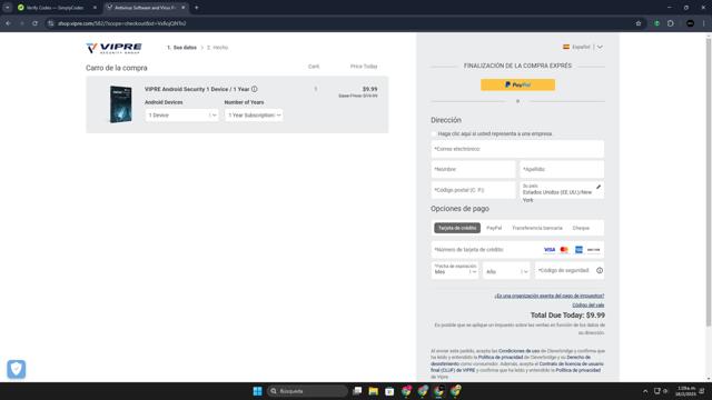 VIPRE checkout page showing VIPRE coupon code box | Screenshot taken by SimplyCodes community member on Feb 18, 2025