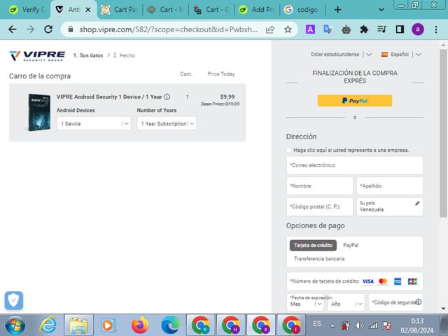 VIPRE checkout page showing VIPRE coupon code box | Screenshot taken by SimplyCodes community member on Aug 2, 2024