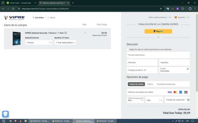 VIPRE checkout page showing VIPRE coupon code box | Screenshot taken by SimplyCodes community member on Nov 26, 2024