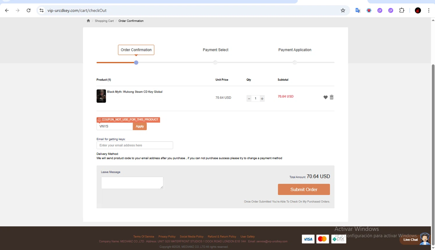 VIP-URcdkey promo code screenshot showing code VNYS applied at VIP-URcdkey checkout page. Uploaded by SimplyCodes community member Francisco01 on Jan 31, 2026