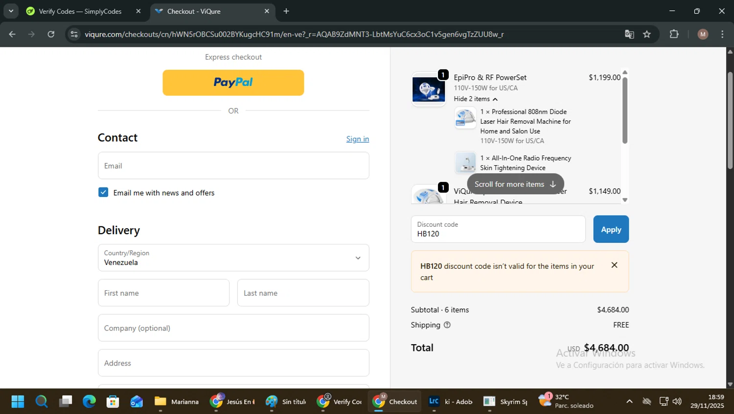 ViQure coupon code screenshot showing code HB120 applied at ViQure checkout page. Uploaded by SimplyCodes community member VoucherSpotter7661 on Nov 29, 2025