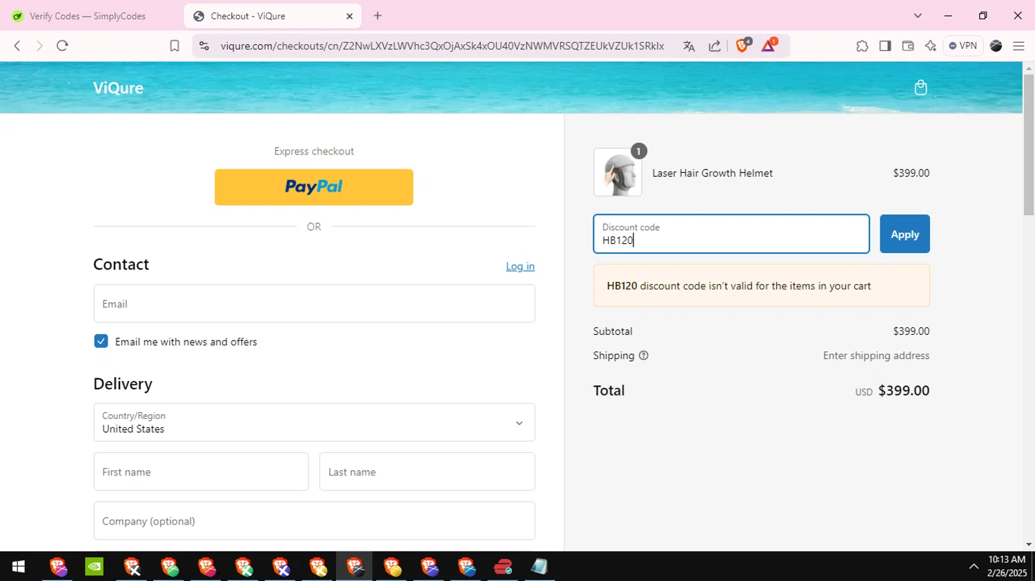 ViQure coupon code screenshot showing code HB120 applied at ViQure checkout page. Uploaded by SimplyCodes community member EpicTiger6039 on Feb 26, 2025