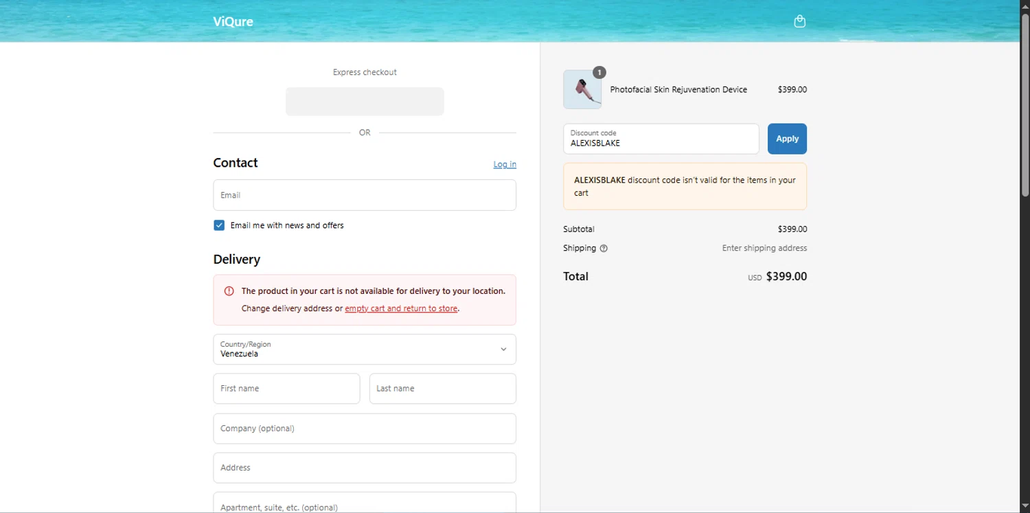 ViQure coupon code screenshot showing code ALEXISBLAKE applied at ViQure checkout page. Uploaded by SimplyCodes community member _Capi_ on Sep 8, 2025
