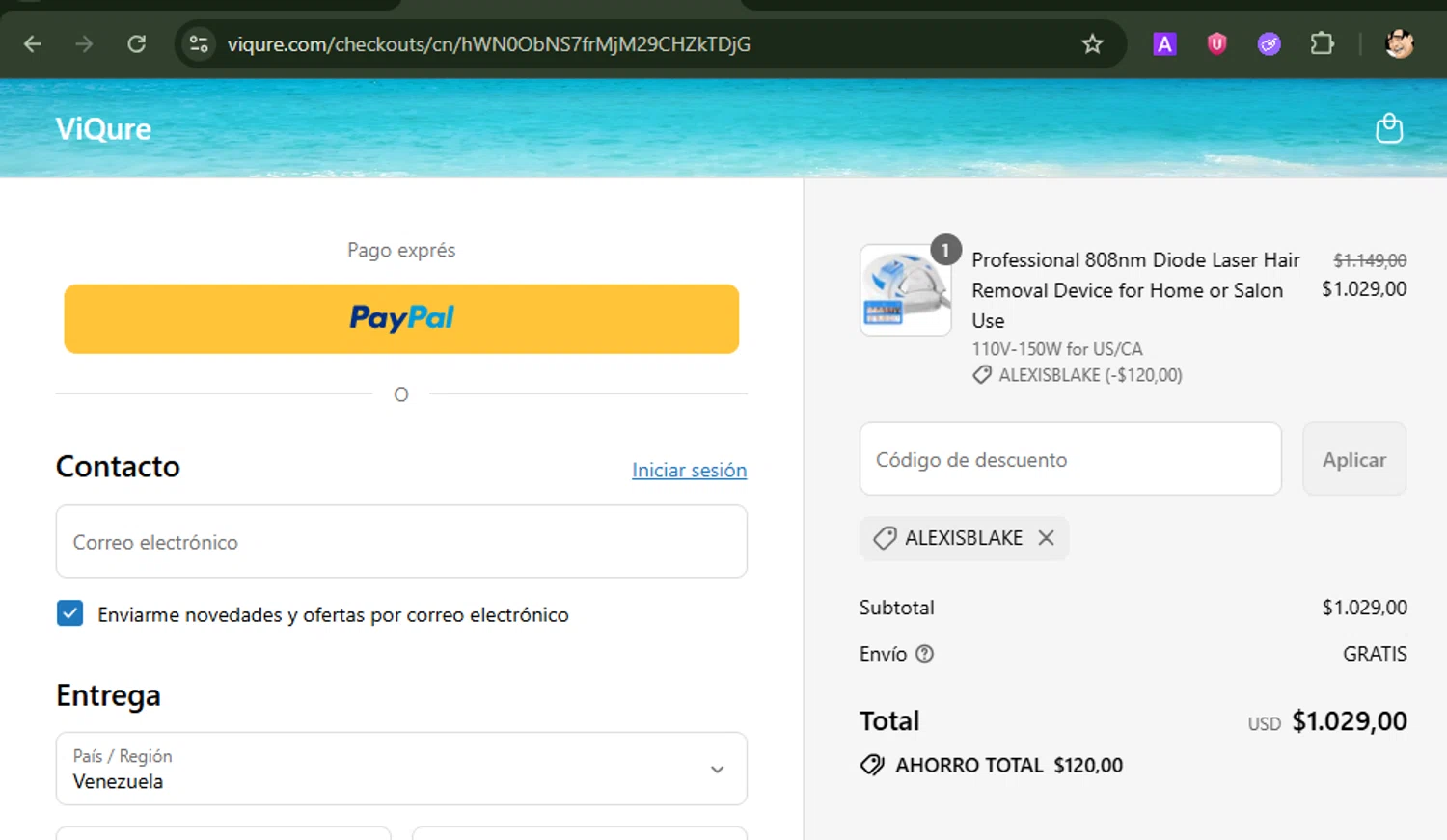 ViQure coupon code screenshot showing code ALEXISBLAKE applied at ViQure checkout page. Uploaded by SimplyCodes community member ShrewdBoss4152 on Jul 8, 2025