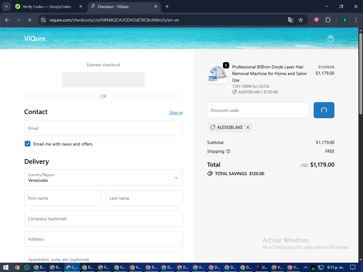 ViQure coupon code screenshot showing code ALEXISBLAKE applied at ViQure checkout page. Uploaded by SimplyCodes community member lilMosey on Oct 22, 2025