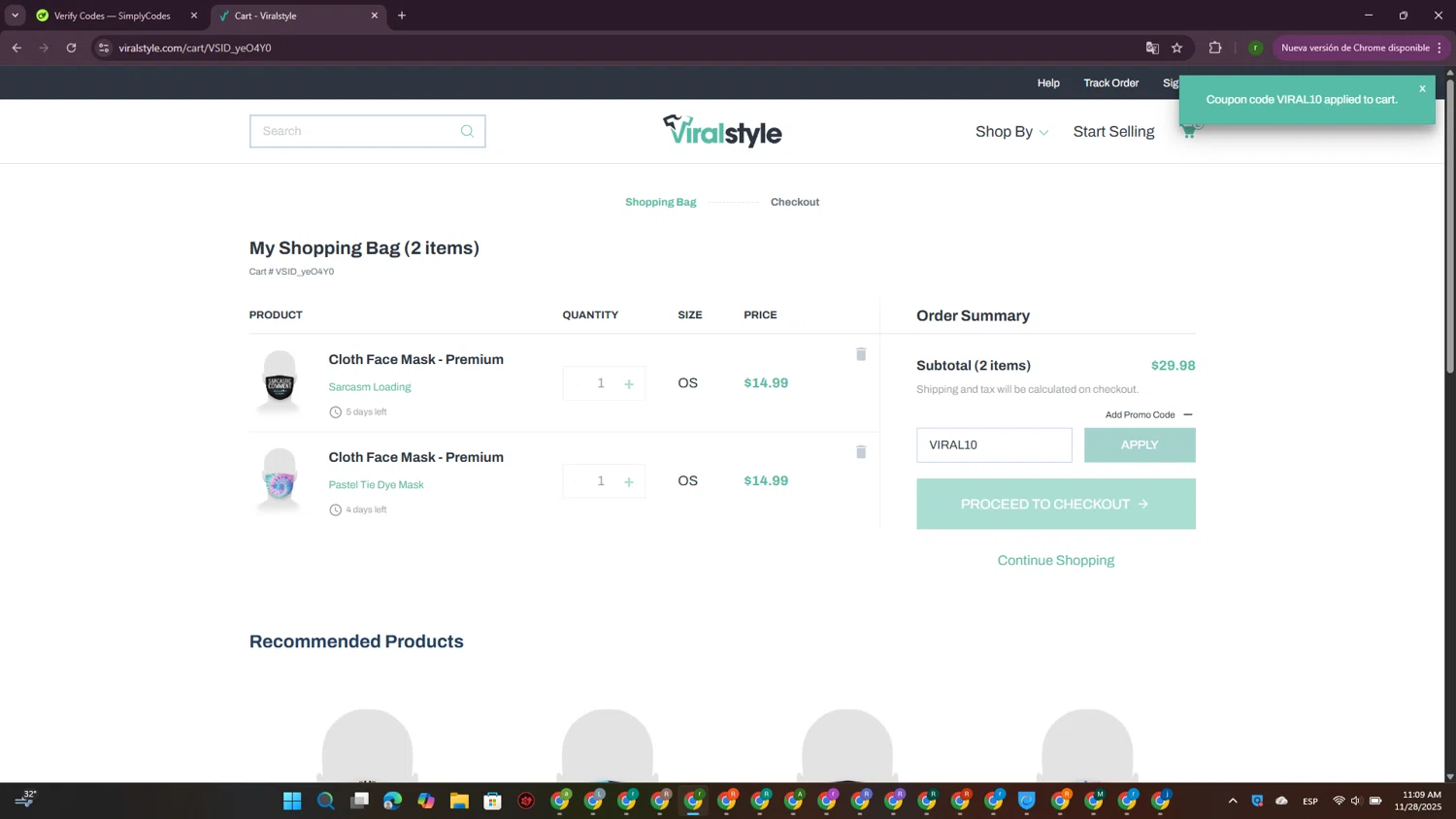Viralstyle promo code screenshot showing code VIRAL10 applied at Viralstyle checkout page. Uploaded by SimplyCodes community member GoldScout9735 on Nov 28, 2025