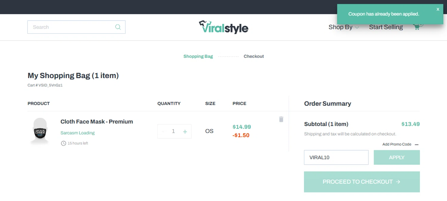 Viralstyle promo code screenshot showing code VIRAL10 applied at Viralstyle checkout page. Uploaded by SimplyCodes community member Vanecobyuv on May 31, 2025
