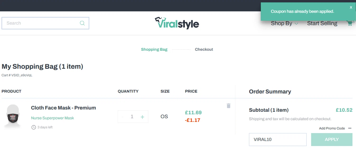 Viralstyle promo code screenshot showing code VIRAL10 applied at Viralstyle checkout page. Uploaded by SimplyCodes community member GloriousCollector9521 on Apr 7, 2025