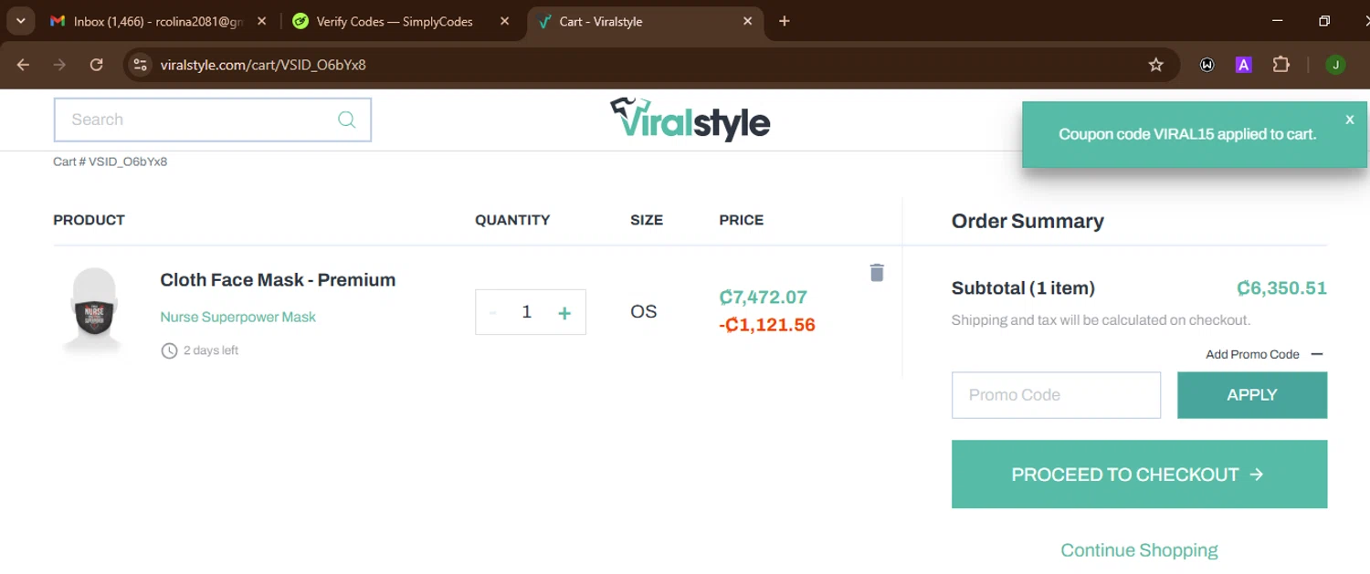Viralstyle promo code screenshot showing code VIRAL15 applied at Viralstyle checkout page. Uploaded by SimplyCodes community member SnoopDogg on Nov 28, 2025