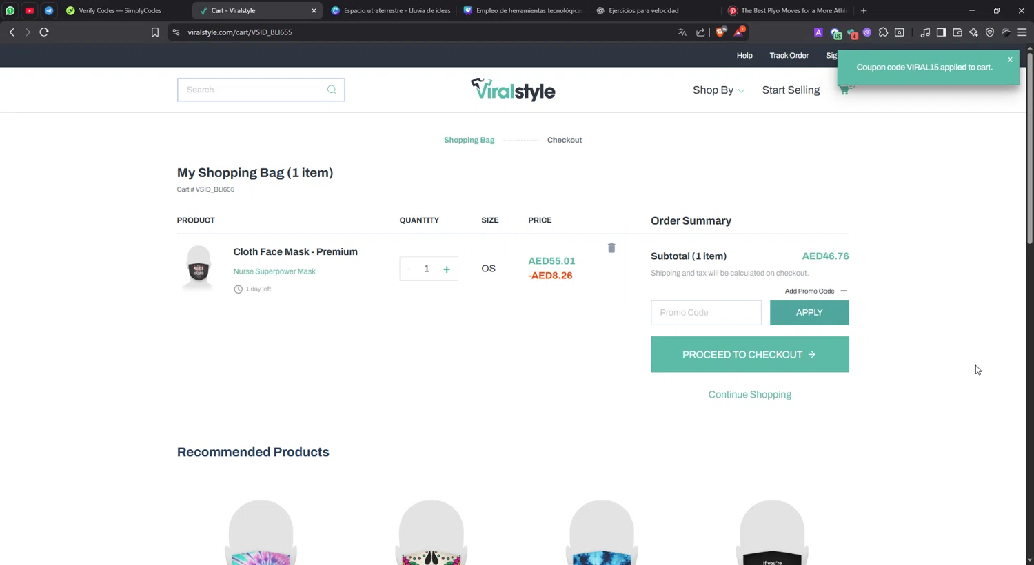 Viralstyle promo code screenshot showing code VIRAL15 applied at Viralstyle checkout page. Uploaded by SimplyCodes community member lisethchirino on Nov 2, 2025