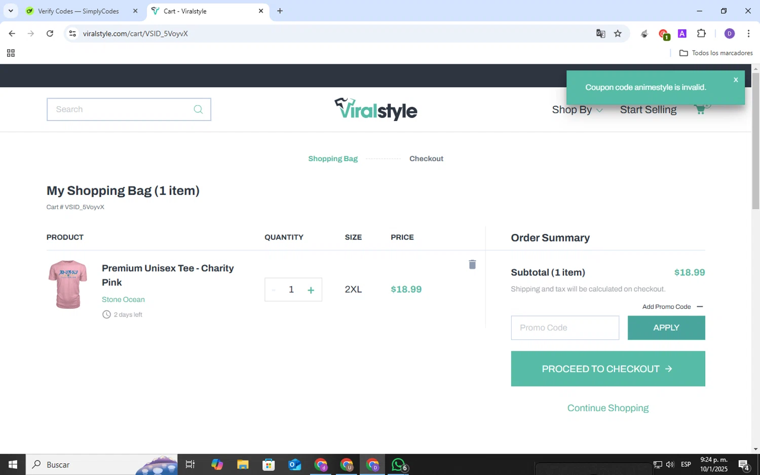 Viralstyle promo code screenshot showing code animestyle applied at Viralstyle checkout page. Uploaded by SimplyCodes community member SavingsSpotter2269 on Jan 11, 2025