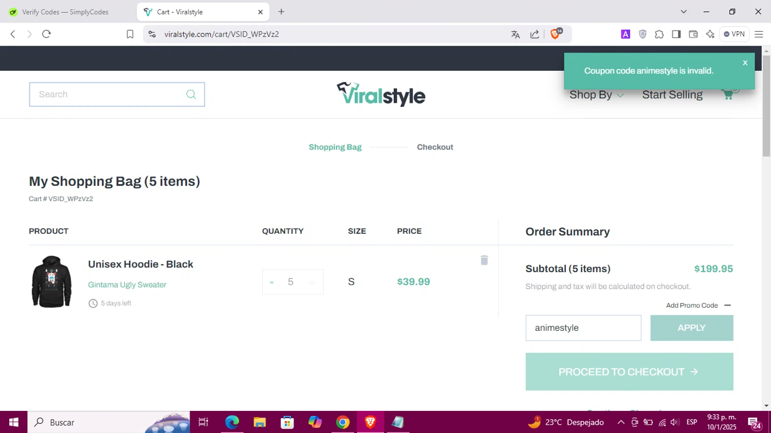 Viralstyle promo code screenshot showing code animestyle applied at Viralstyle checkout page. Uploaded by SimplyCodes community member Corleone on Jan 11, 2025
