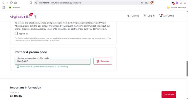 Virgin Atlantic checkout page showing Virgin Atlantic discount code box | Screenshot taken by SimplyCodes community member on Jun 21, 2025