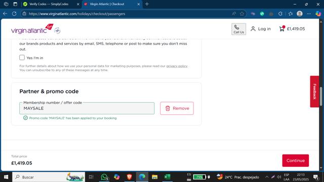 Virgin Atlantic checkout page showing Virgin Atlantic discount code box | Screenshot taken by SimplyCodes community member on May 24, 2025