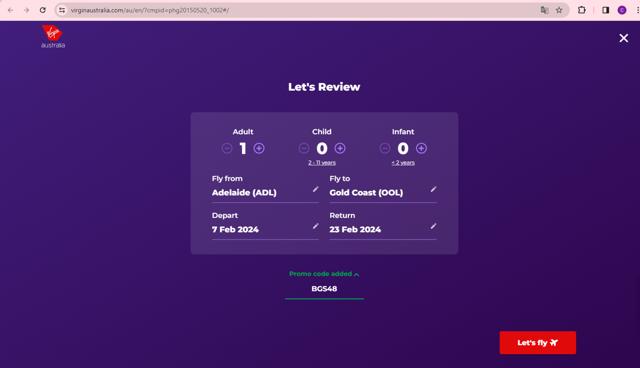 Virgin Australia Airlines checkout page showing Virgin Australia Airlines promo code box | Screenshot taken by SimplyCodes community member on Jan 29, 2024