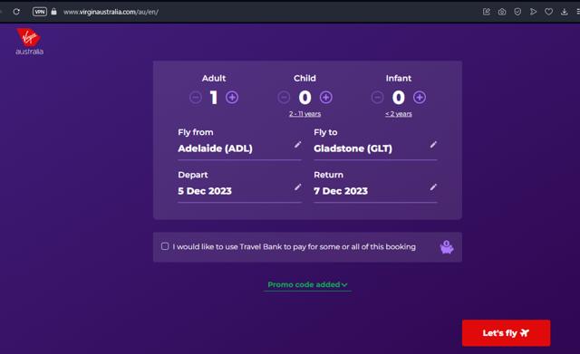 Virgin Australia Airlines checkout page showing Virgin Australia Airlines promo code box | Screenshot taken by SimplyCodes community member on Dec 5, 2023