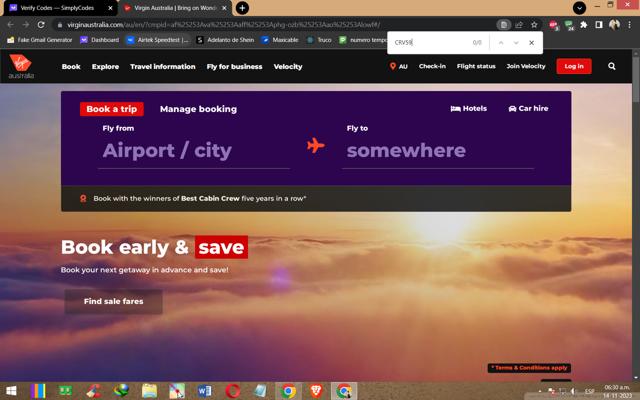 Virgin Australia Airlines checkout page showing Virgin Australia Airlines promo code box | Screenshot taken by SimplyCodes community member on Nov 14, 2023