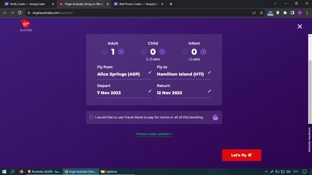 Virgin Australia Airlines checkout page showing Virgin Australia Airlines promo code box | Screenshot taken by SimplyCodes community member on Oct 28, 2023