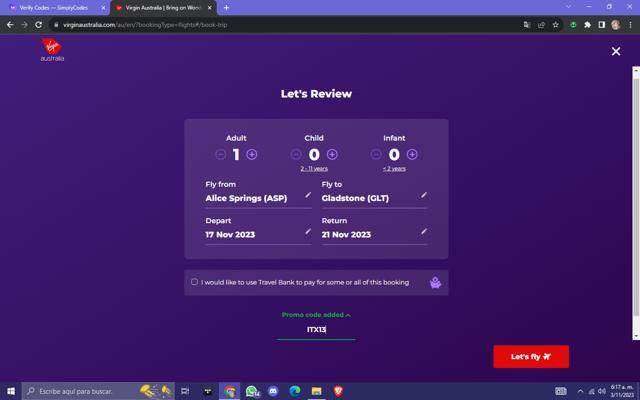 Virgin Australia Airlines checkout page showing Virgin Australia Airlines promo code box | Screenshot taken by SimplyCodes community member on Nov 3, 2023