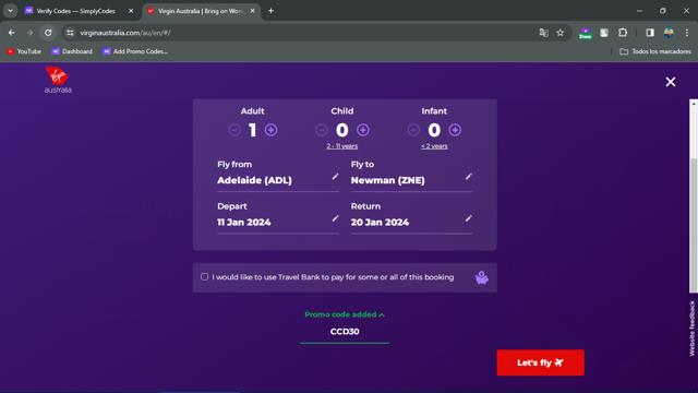 Virgin Australia Airlines checkout page showing Virgin Australia Airlines promo code box | Screenshot taken by SimplyCodes community member on Dec 1, 2023