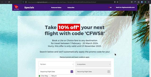Virgin Australia Airlines checkout page showing Virgin Australia Airlines promo code box | Screenshot taken by SimplyCodes community member on Dec 15, 2023