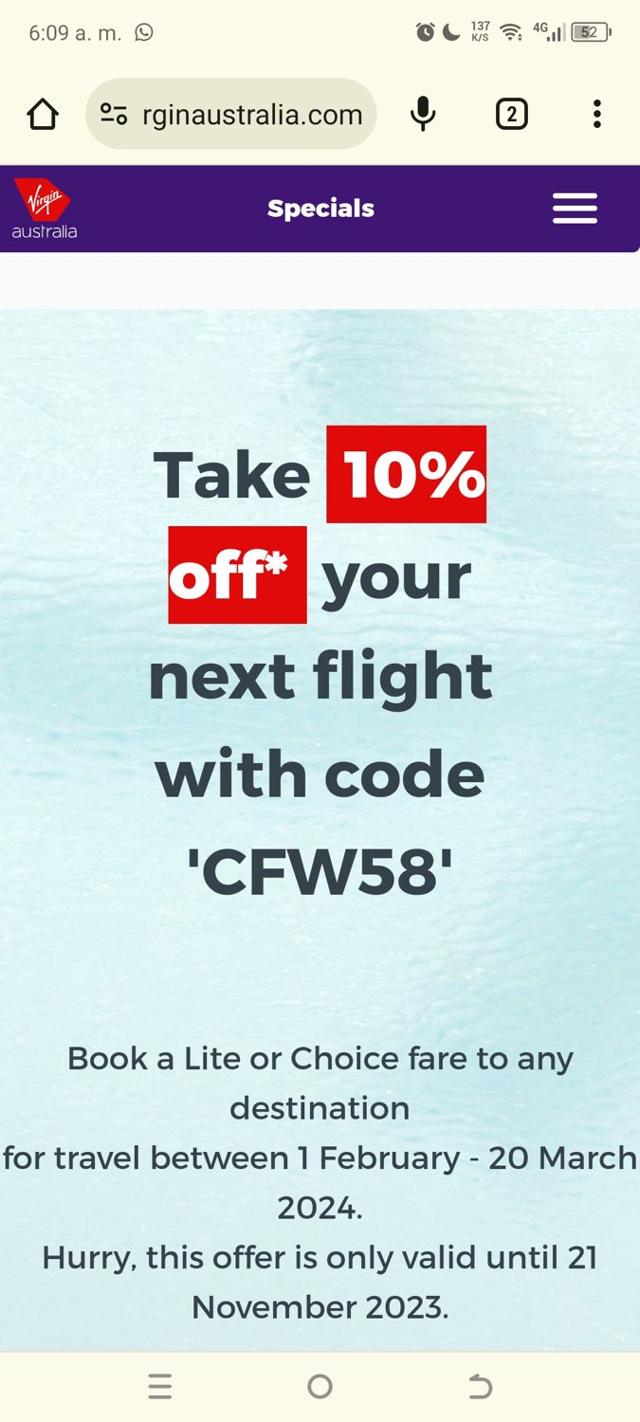 Virgin Australia Airlines checkout page showing Virgin Australia Airlines promo code box | Screenshot taken by SimplyCodes community member on Jan 13, 2024