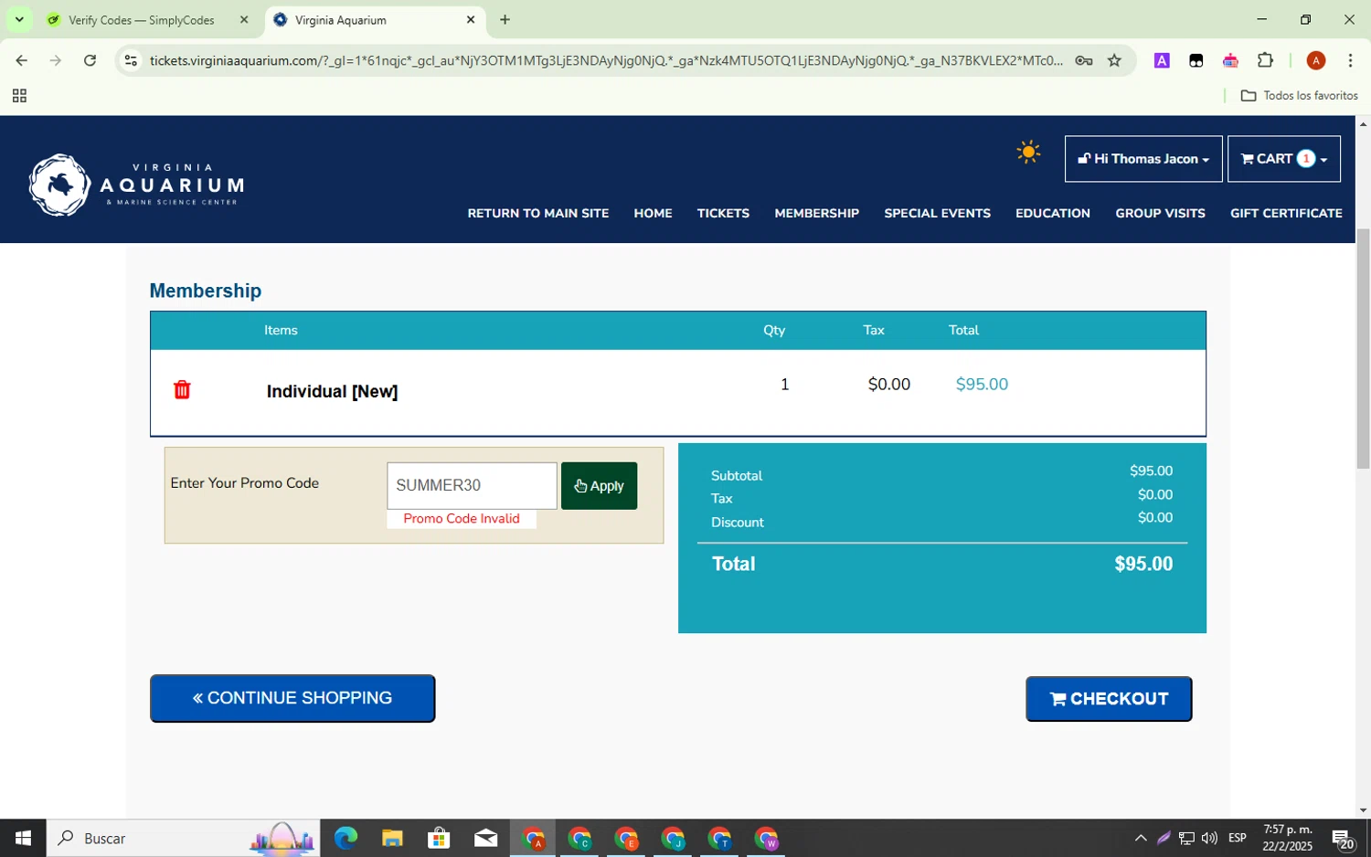 Virginia Aquarium & Marine Science Center promo code screenshot showing code SUMMER30 applied at Virginia Aquarium & Marine Science Center checkout page. Uploaded by SimplyCodes community member BonusShopper323 on Feb 22, 2025