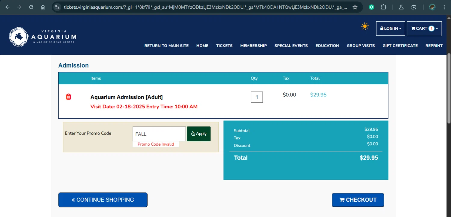 Virginia Aquarium & Marine Science Center promo code screenshot showing code FALL applied at Virginia Aquarium & Marine Science Center checkout page. Uploaded by SimplyCodes community member MariaCorinaMachado on Feb 10, 2025