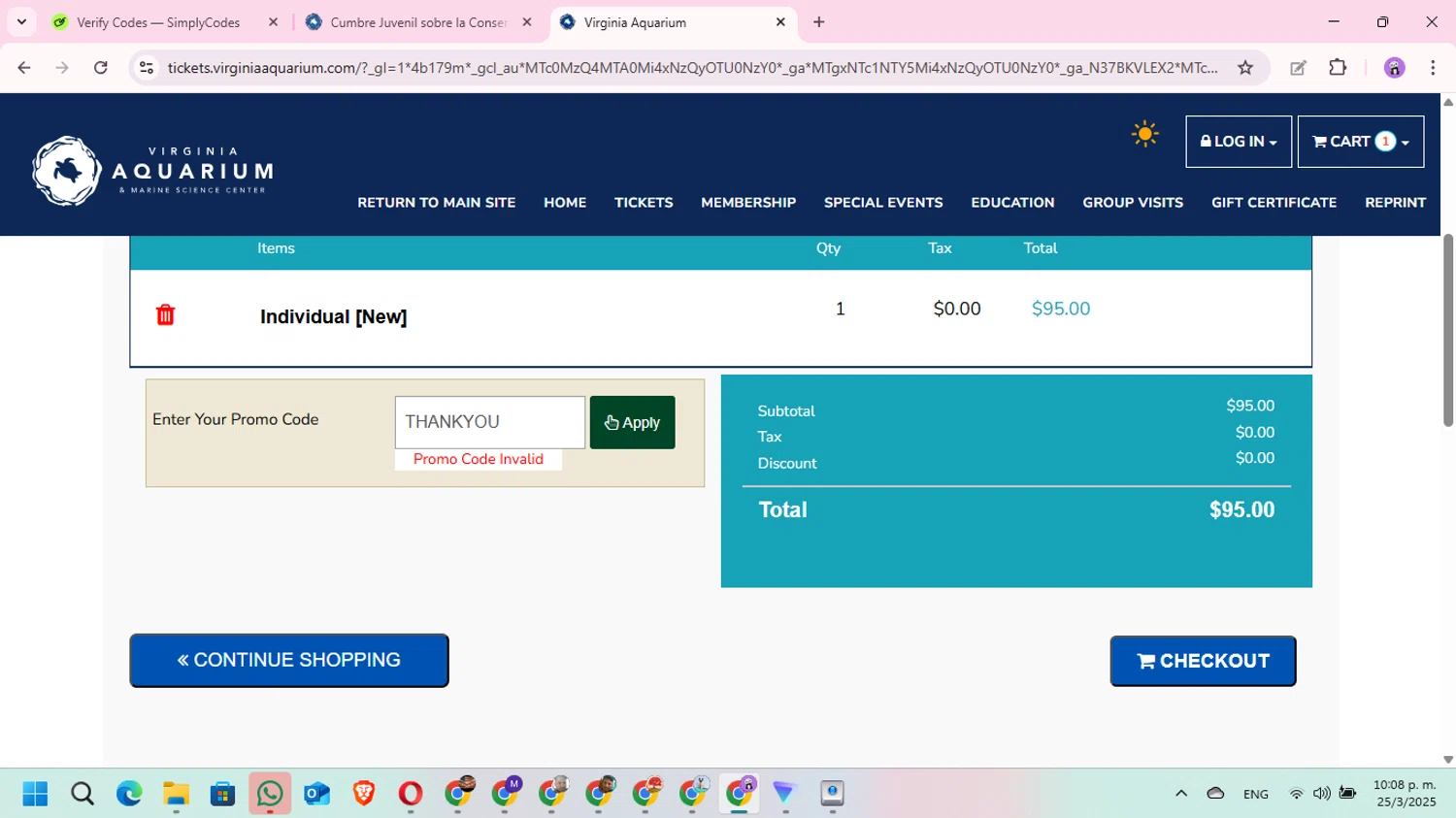 Virginia Aquarium & Marine Science Center promo code screenshot showing code THANKYOU applied at Virginia Aquarium & Marine Science Center checkout page. Uploaded by SimplyCodes community member MariAPB on Mar 26, 2025
