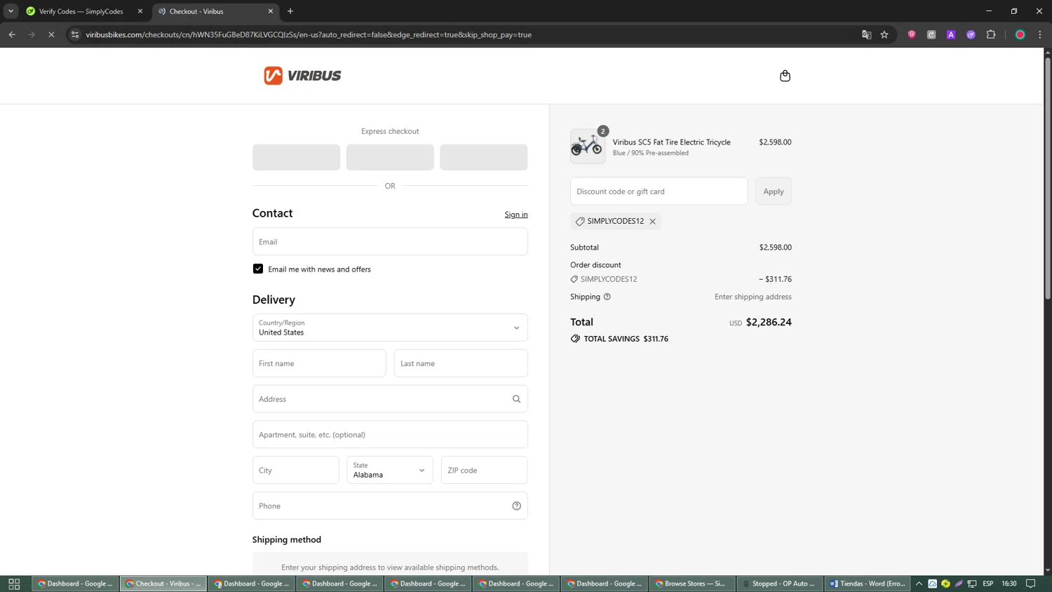 Viribus discount code screenshot showing code simplycodes12 applied at Viribus checkout page. Uploaded by SimplyCodes community member Papotico on Sep 17, 2025