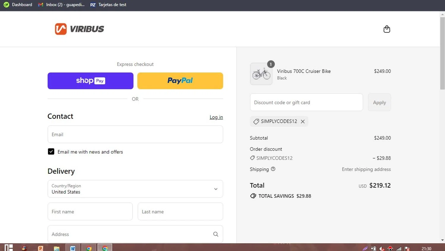 Viribus discount code screenshot showing code simplycodes12 applied at Viribus checkout page. Uploaded by SimplyCodes community member PaticoBel on Jul 24, 2025