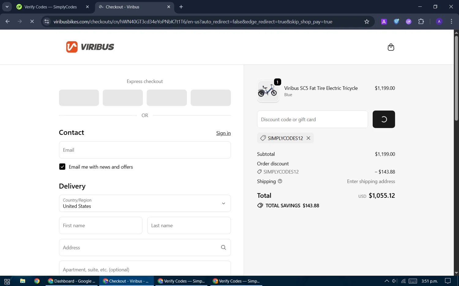 Viribus discount code screenshot showing code simplycodes12 applied at Viribus checkout page. Uploaded by SimplyCodes community member ThriftySentinel2853 on Oct 11, 2025