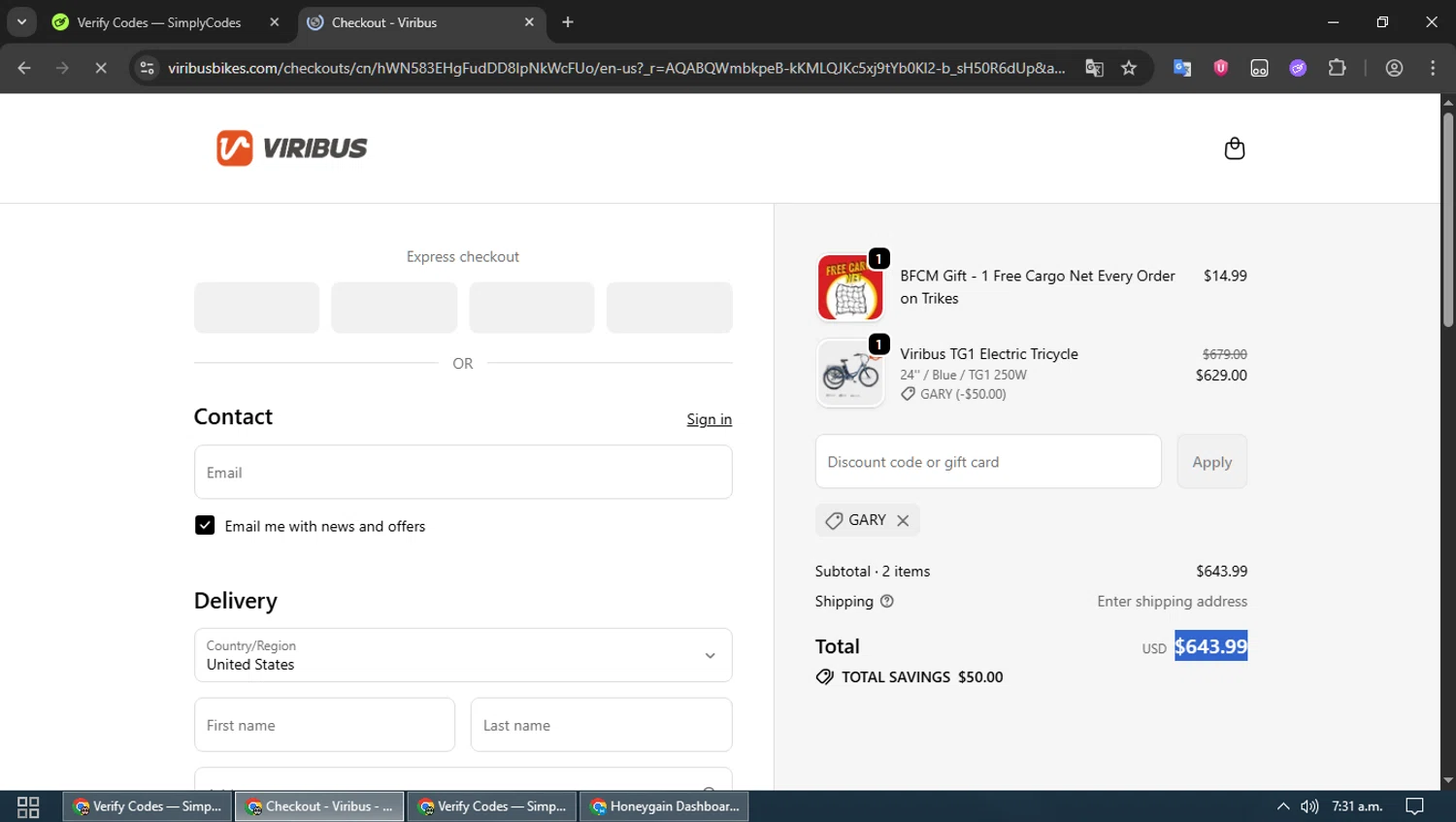 Viribus discount code screenshot showing code GARY applied at Viribus checkout page. Uploaded by SimplyCodes community member MoneyPioneer4925 on Nov 10, 2025