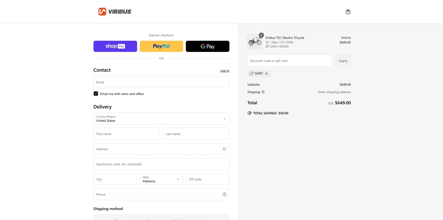 Viribus discount code screenshot showing code GARY applied at Viribus checkout page. Uploaded by SimplyCodes community member melano on Jun 16, 2025