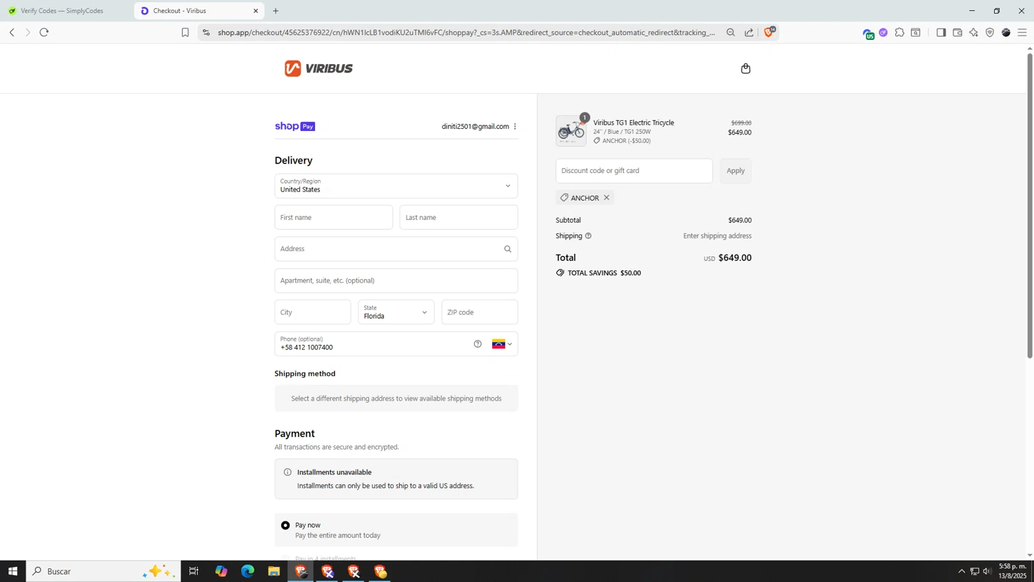 Viribus discount code screenshot showing code Anchor applied at Viribus checkout page. Uploaded by SimplyCodes community member AnthonyGTX on Aug 13, 2025