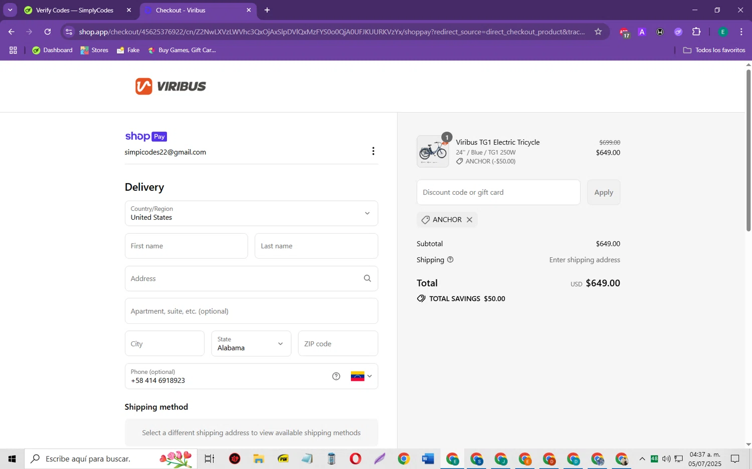 Viribus discount code screenshot showing code Anchor applied at Viribus checkout page. Uploaded by SimplyCodes community member RebateScholar429 on Jul 5, 2025