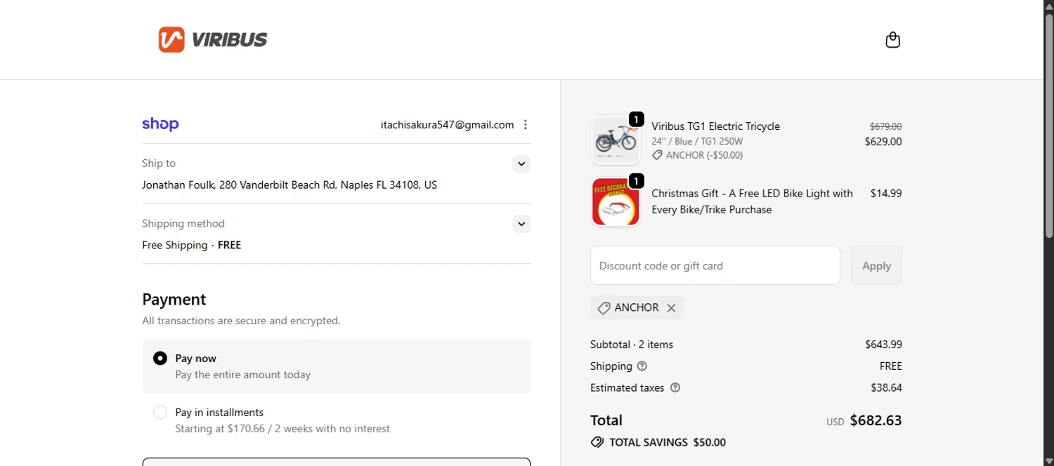 Viribus discount code screenshot showing code Anchor applied at Viribus checkout page. Uploaded by SimplyCodes community member noworries on Dec 24, 2025