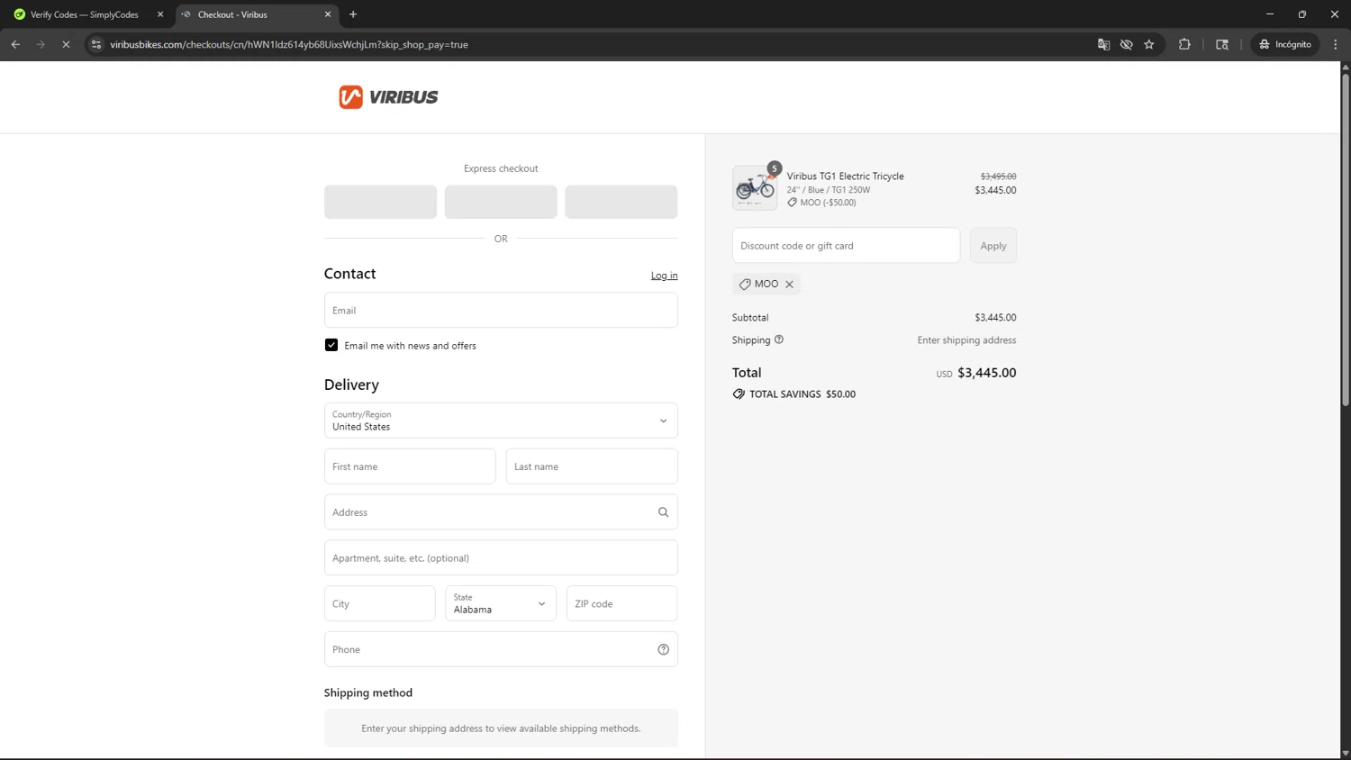 Viribus discount code screenshot showing code MOO applied at Viribus checkout page. Uploaded by SimplyCodes community member CBR600 on Aug 13, 2025