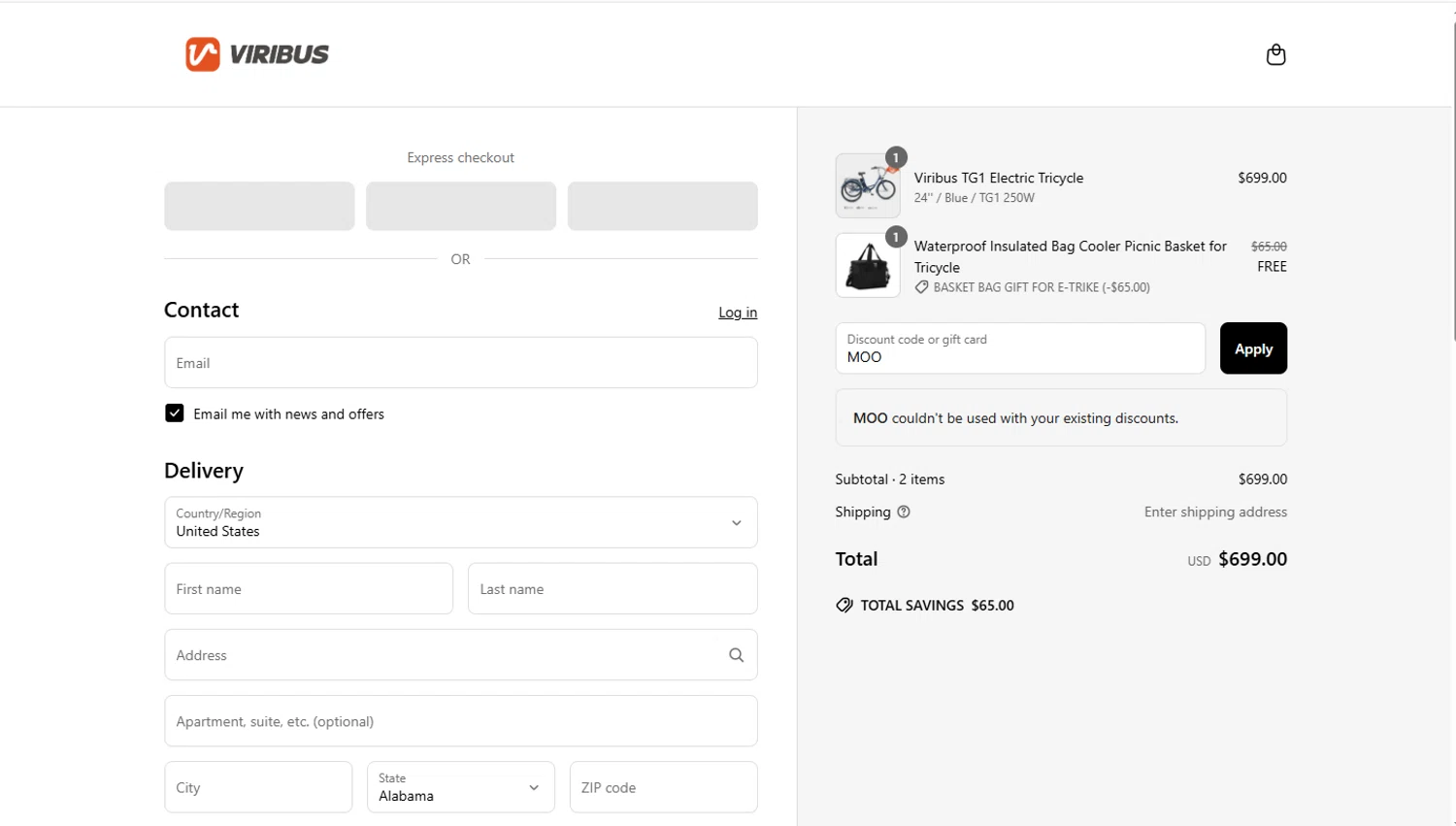 Viribus discount code screenshot showing code MOO applied at Viribus checkout page. Uploaded by SimplyCodes community member Marboroooooooooooo on May 28, 2025
