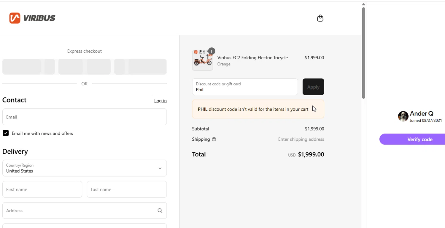 Viribus discount code screenshot showing code Phil applied at Viribus checkout page. Uploaded by SimplyCodes community member anderquerales on Aug 18, 2025